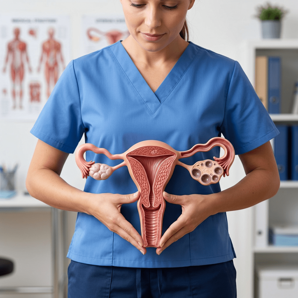 Diagram of ovary with ovarian cysts, corpus luteum, Graafian follicle, fallopian tube, fimbriae, and broad ligament labeled