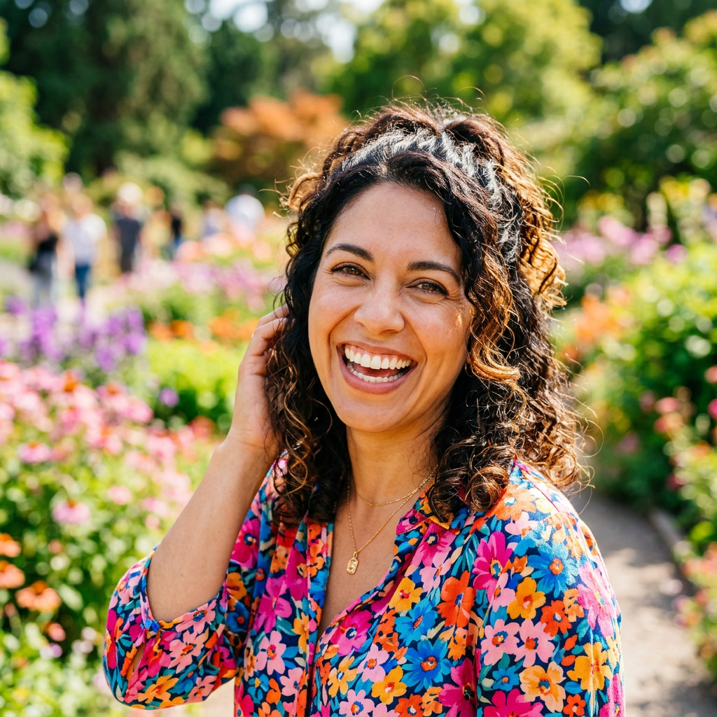 Smiling woman in a colorful floral blouse standing in a flower garden